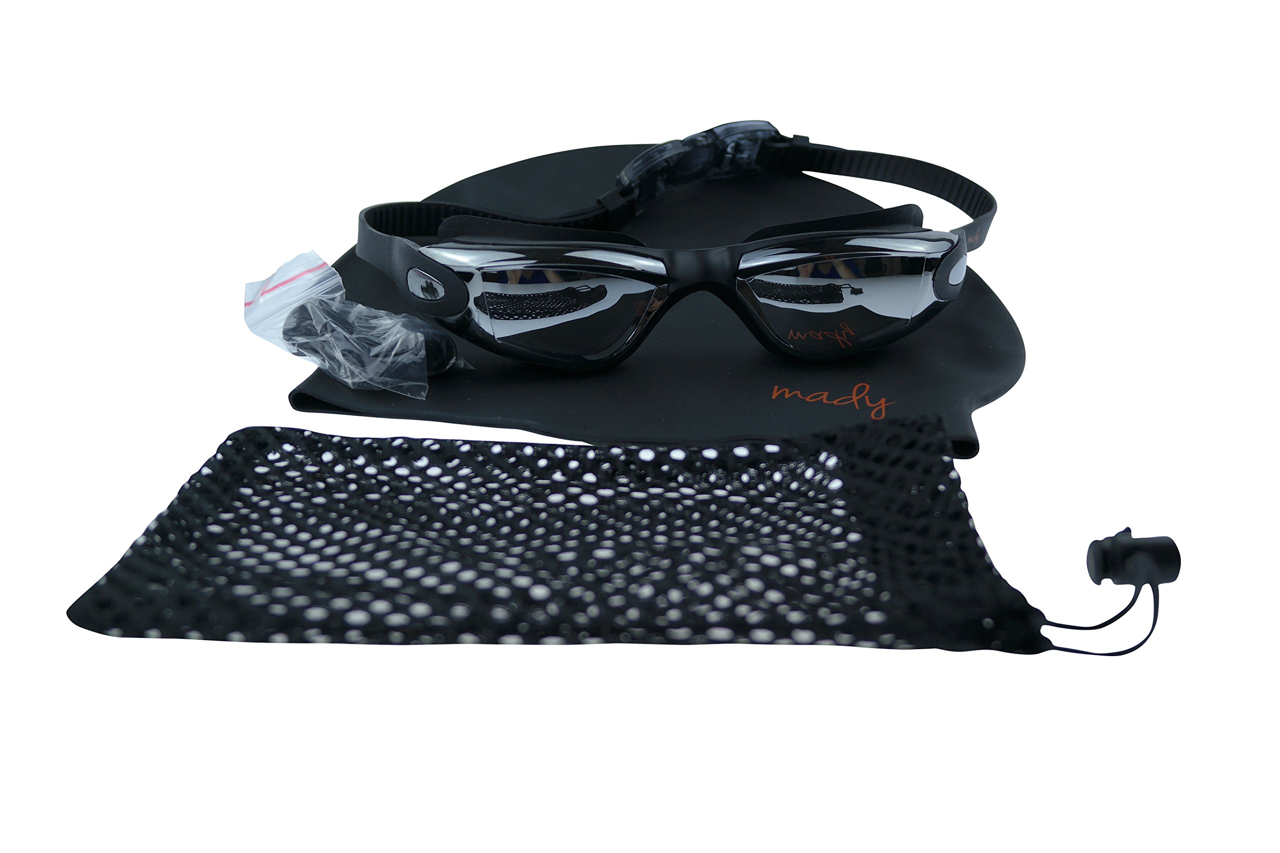 MADY Swimming Goggles, Black, Mirrored, Swim Goggles, Adjustable, No Leaking, Anti Fog, UV Protection, Triathlon, Swim Goggles with Free Swim Cap + Nylon Bag + Nose Clip + Ear Plugs