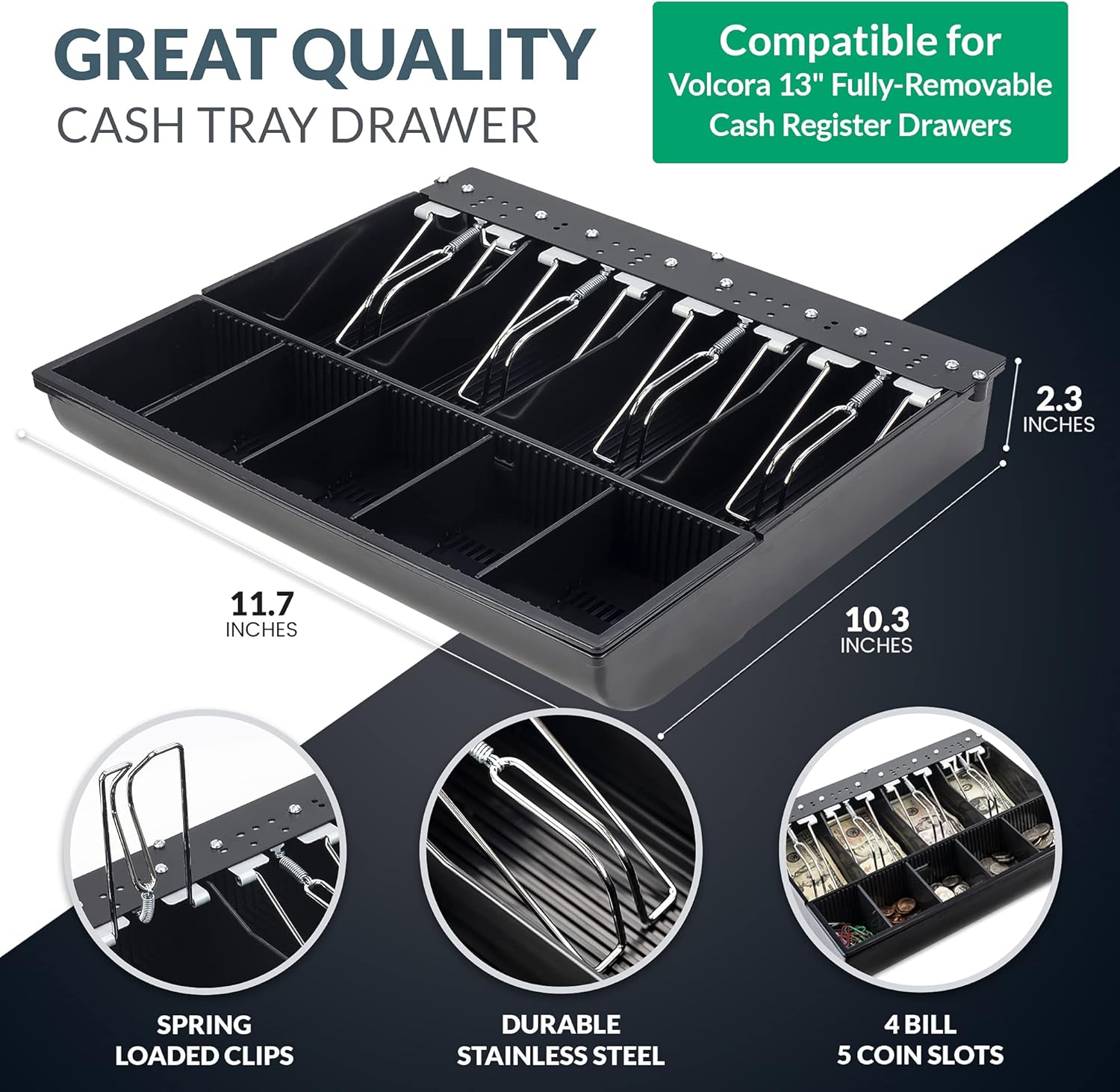Cash Drawer Tray - 11.7 x 10.3 x 2.3 Inch Cash Register Insert - 4 Bill / 5 Coin Replacement Cash Tray for Volcora 13” Fully-Removable Drawers - Stainless Steel Currency Compartment Money Storage : Office Products