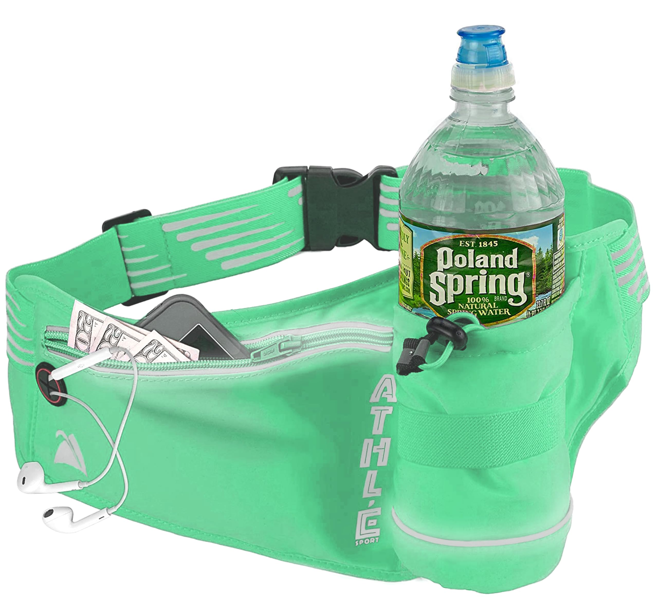 Athle Running Fanny Pack with Water Bottle Holder - Adjustable Run Belt Storage Pouch with Zipper Pocket For Sports and Travel – 360° Reflective Band – Fits iPhone Plus, Galaxy Note - Mint Green