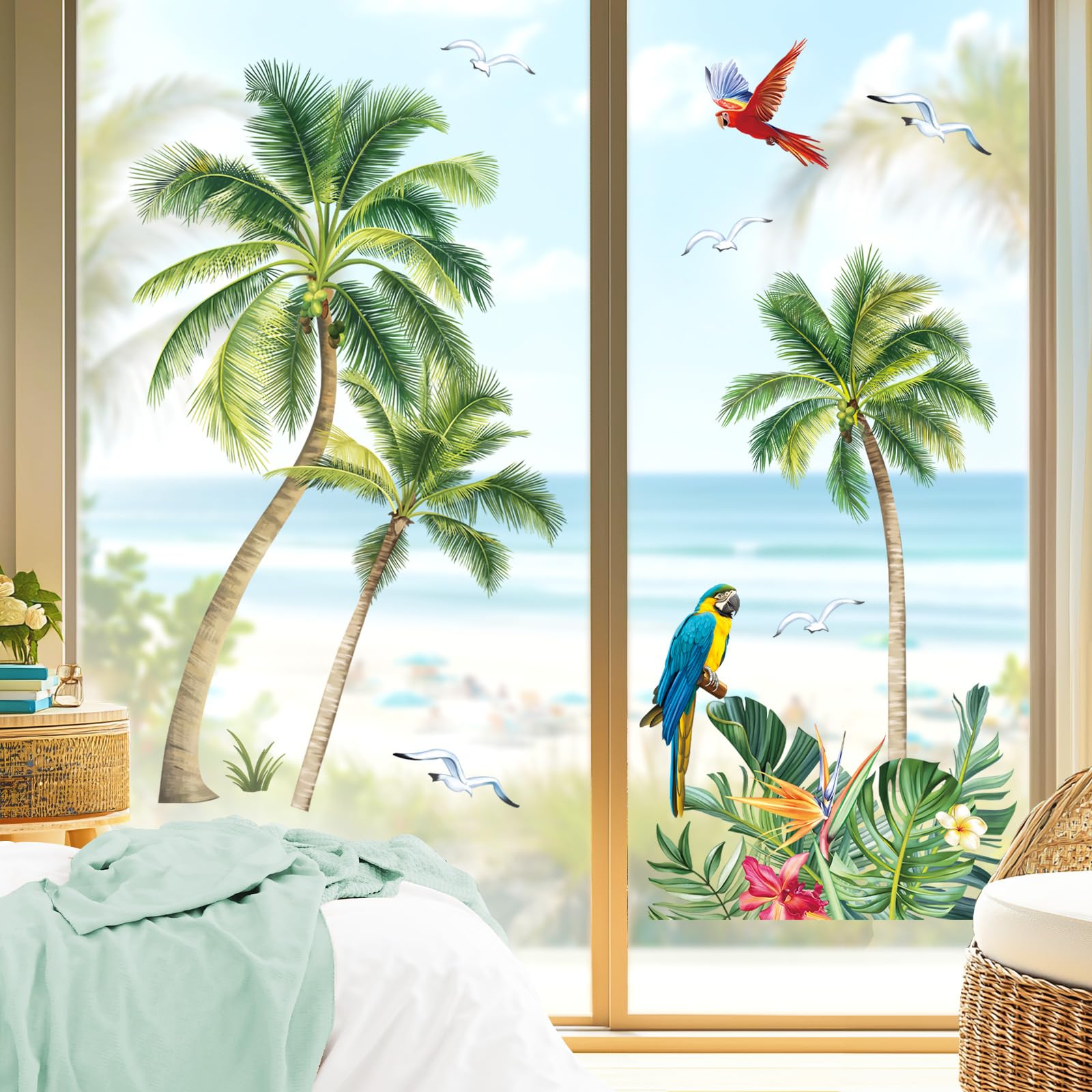 decalmile Spring Summer Palm Trees Double Sided Window Clings Tropical Plants Green Leaves Window Decals Anti-Collision Glass Window Doors Window Stickers