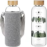 Ttifangix Glass Water Bottle 64 Oz with Time Markers, Wide Mouth Bamboo Lid, Neoprene Sleeve, Bpa Free, Leakproof, Reusable