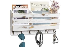 CHEEORRY Rustic Mail Organizer Letter Sorter, Wall Mounted Mail Holder with Key Hooks, Decorative Key Hooks for Wall and Mail Organizer for Letter Magazines Keys Leashes, Office Accessories Organizer(White)