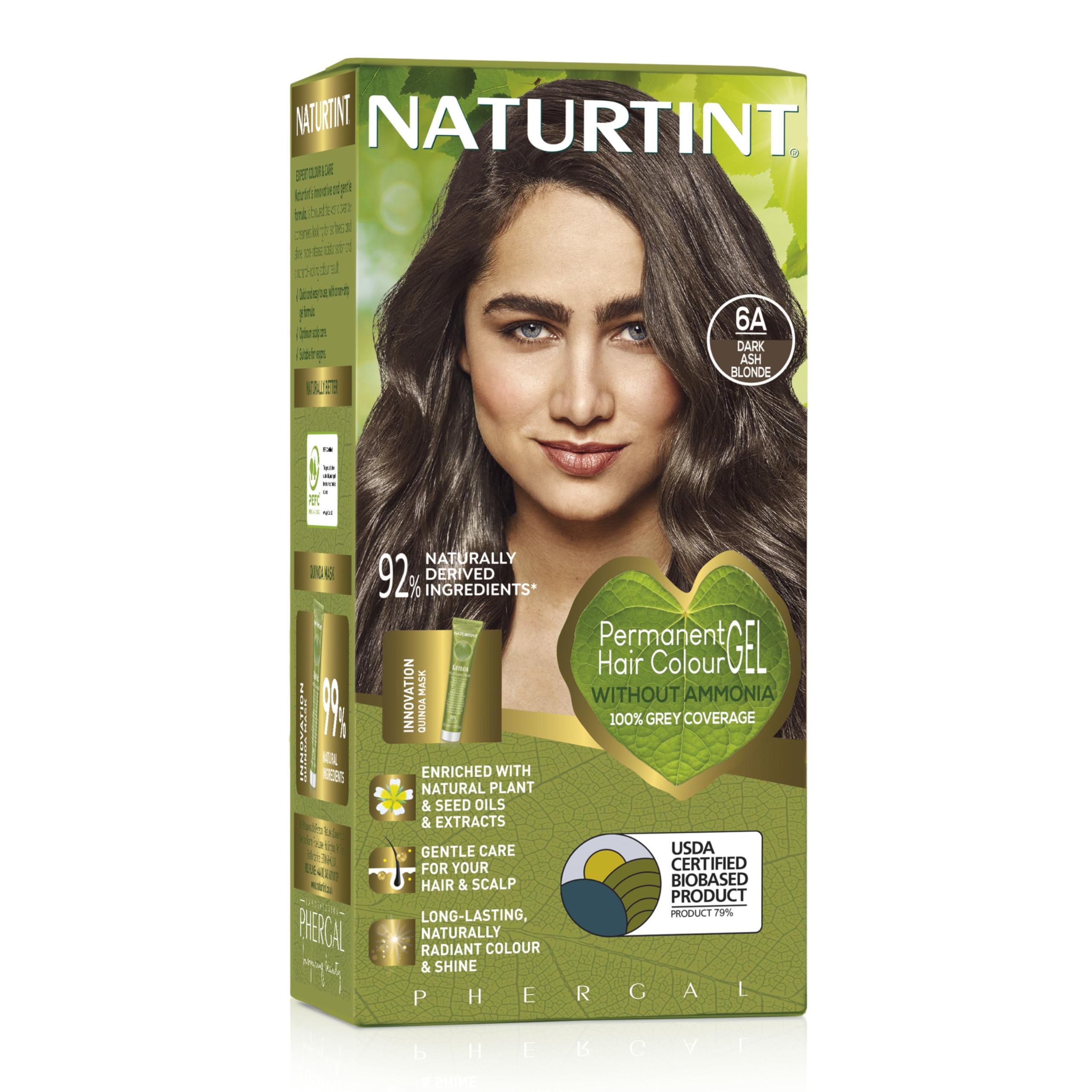 Naturtint Permanent Hair Colour Gel 6A Dark Ash Blonde, Plant Enriched, Biobased, Ammonia Free, Long Lasting Grey Coverage and Radiant Colour, Nourishment and Protection