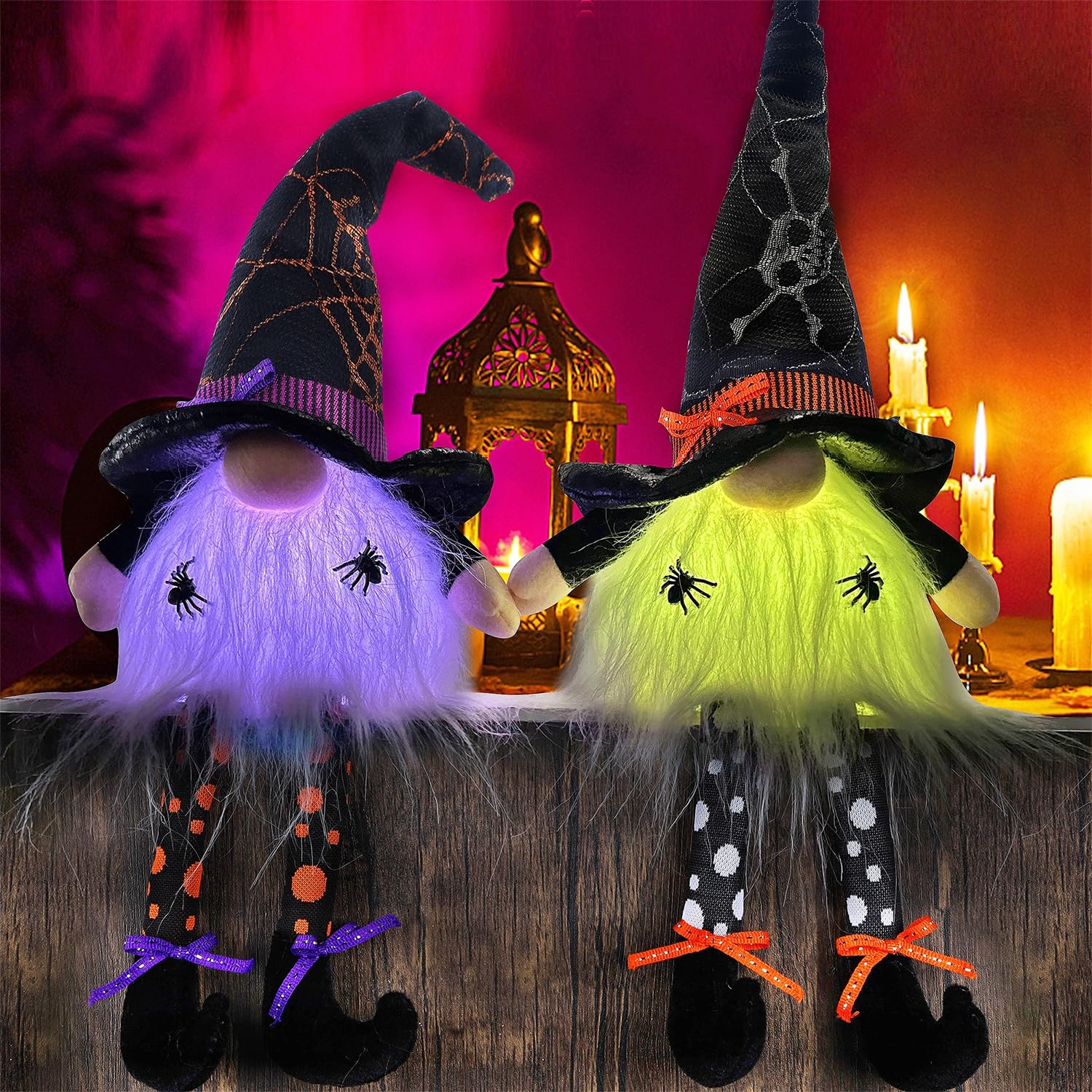 Photo 1 of Juegoal 2 Pack Halloween Tabletop Decorations, 17" Lighted Plush Gnomes with Dangling Legs, Light Up LED Color Changing Elf Holiday Present, Figurine Gifts Housewarming Halloween Festival Table Decor