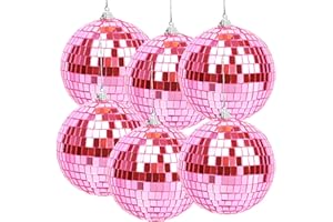 Mirror Balls with Hanging String, MUZTOP 4 Inch Disco Ball for Parties DJ Club Stage Wedding Cake Topper Home Decor, Pink (6 PCS)