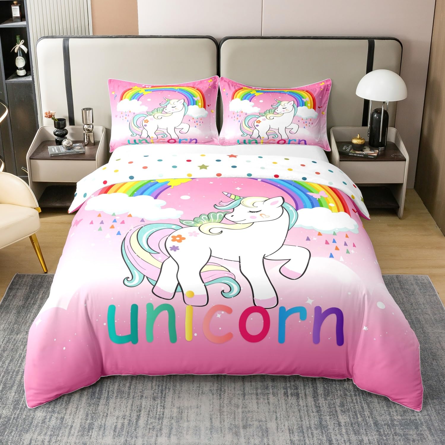 Cotton Unicorn Bedding Single For Girls Kawaii Rainbow Unicorn Duvet Cover Kids Galaxy Stars Comforter Cover White Horse Floral Quilt Cover Reverse Fantasy Girls Room Decor Pink Unicorn Gift,2Pcs