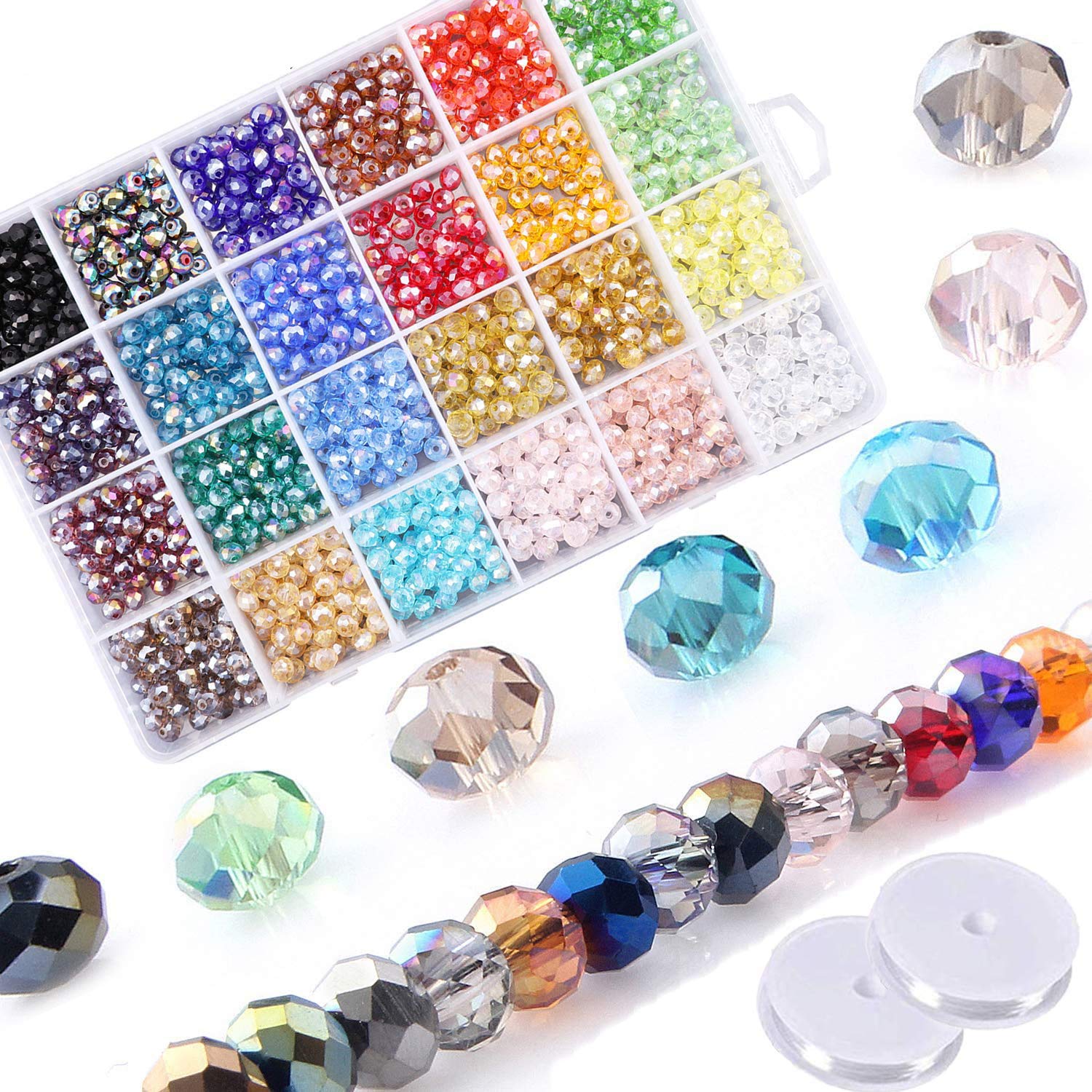 DesignerBox 1200Pcs 6mm Crystal Glass Rondelle Briolette Beads, 24 Mixed Colors, DIY Craft Projects