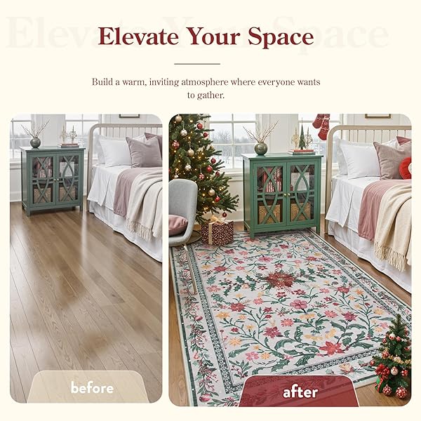 LAHOME 5X7 CHRISTMAS RUG FOR LIVING ROOM, BOHO SOFT RUGS FOR BEDROOM DECOR AESTHETIC, WASHABLE HOLLY BERRIES AREA RUG FOR DINING ROOM FIREPLACE APARTMENT RUSTIC DECOR