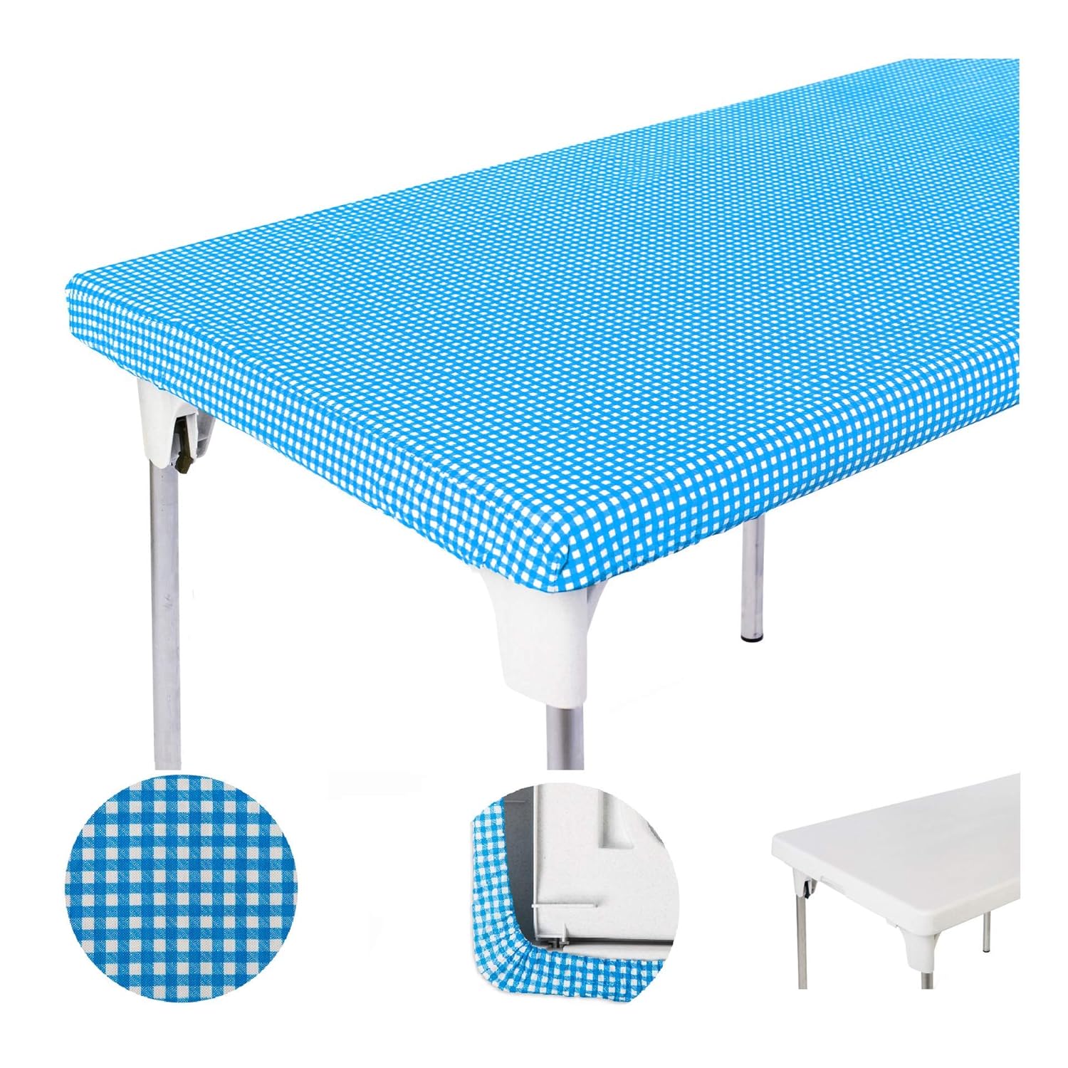 TopTableCloth Picnic Table Cover Blue Checkered Elastic Table Cloth on