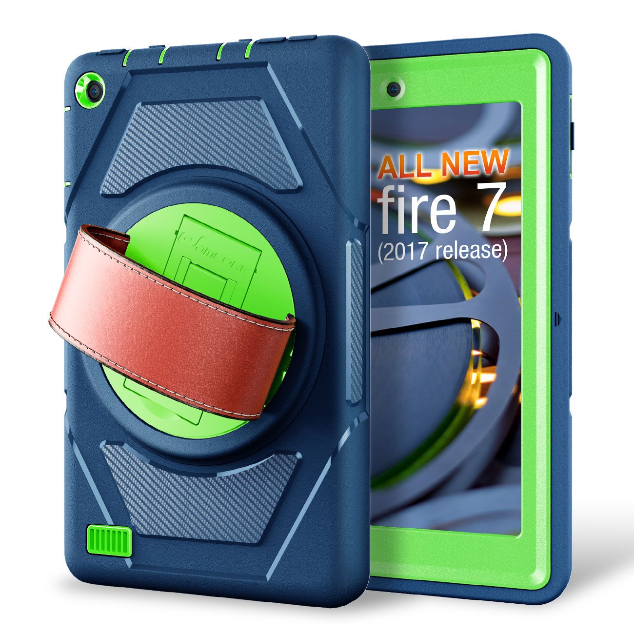eSamcore All-New Amazon Fire 7 Tablet Case,[Built-in Screen Protector] [Hand Strap] [Kickstand] Rugged Protection Case for Kindle Fire 7 2017 Release [Navy Blue/Green]