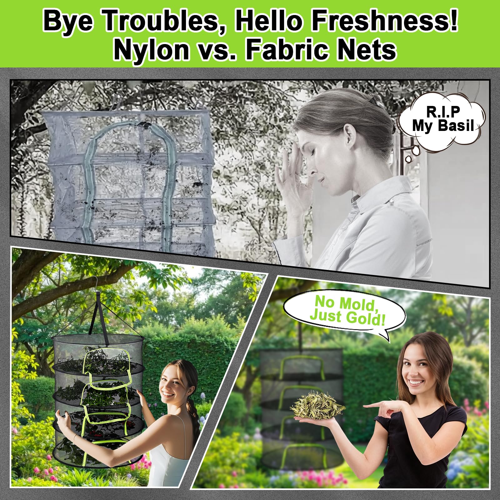 LUKETURE 4-Layer Hanging Herb Dryer Rack - with U-Zipper Mesh Net & Hook, Foldable Collapsible Drying Rack for Plants, Herbs, Flowers, Fish, Jerky, Laundry