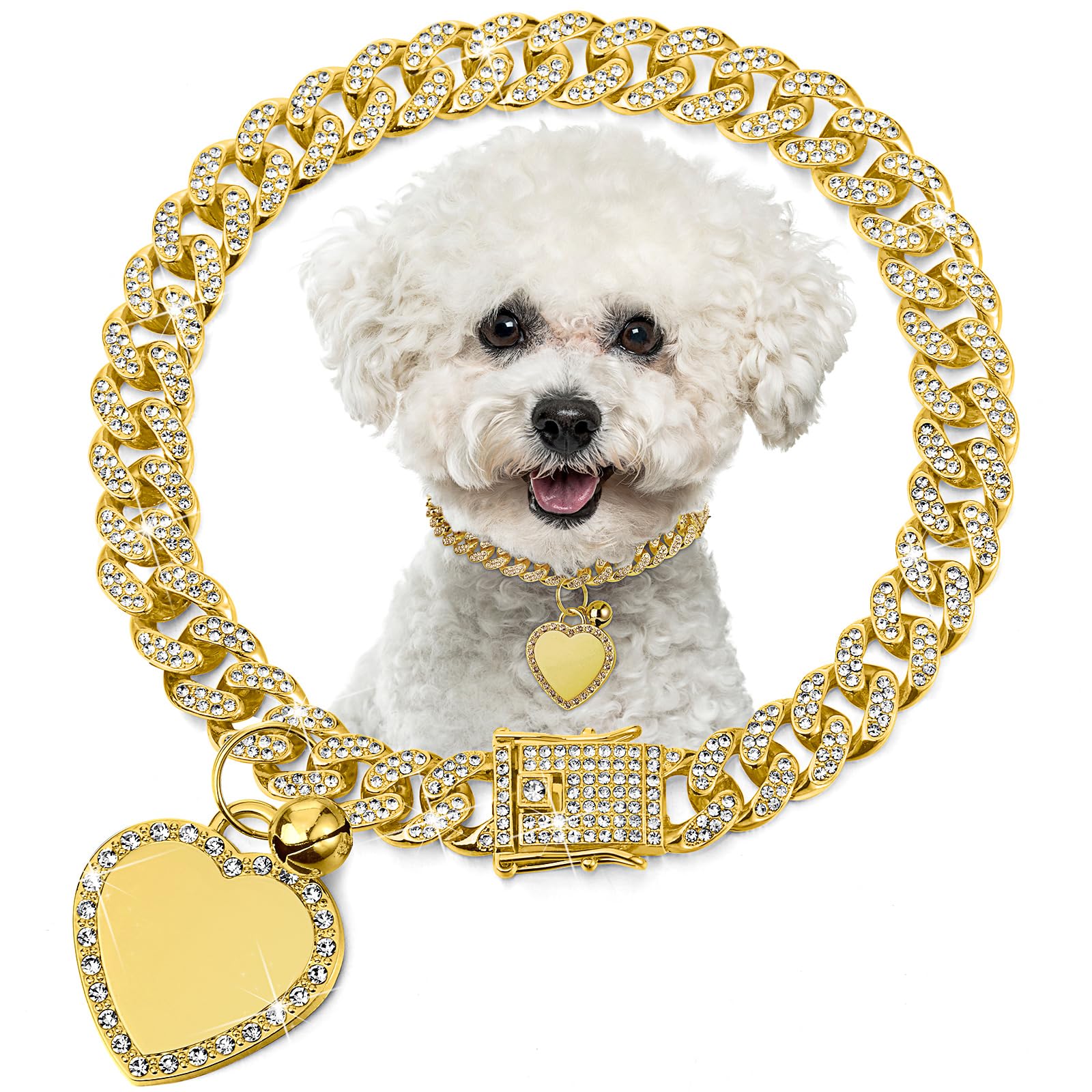 Photo 1 of Hillban Dog Chain Gold-Plated Diamond Collar with Heart Rhinestones Jewelry Pet ID Tag Chain Heart Bling Collar with Personalized Name Tag for Small Medium Large Dogs Cats(Gold,8 Inch)