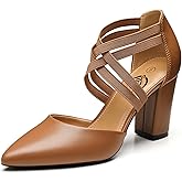 Trary Women's Low Heels Pumps Chunky Closed Pointed Toe Block Heels for Women Dress Shoes Elastic Crisscross Strappy 3.5 Inch Comfortable for Wedding Bridal