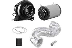 HealSmart 4 Inch 195 CFM Exhaust Inline Duct Fan Vent Booster Blower Upgrade Carbon Filter and 8 Feet Flex Air Aluminum Foil with 2 Clamps for Indoor Grow Tent Hydroponics Ventilation, Quiet