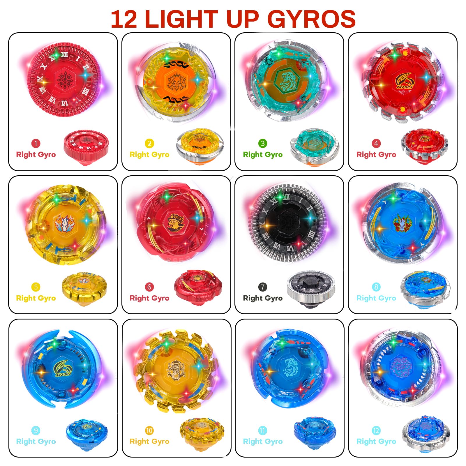 Battle Set with Portable Box, 12 Light Ignite Spinning Tops, 2 Launchers and 1 Girp, Metal Fusion Type, Birthday Gift Boys Toy for 6+ Year Old