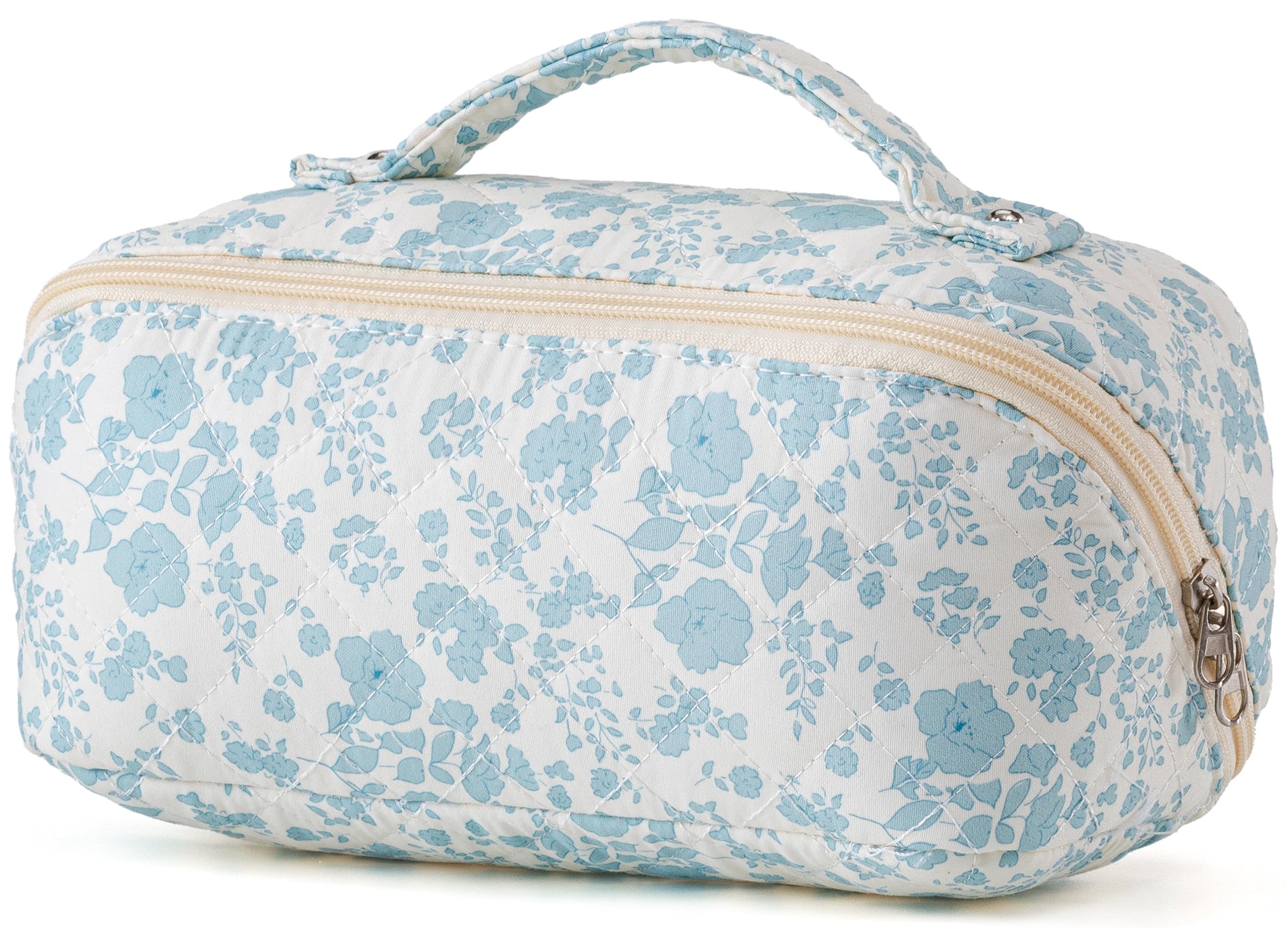 Photo 1 of HBselect Quilted Makeup Bag, Portable Cotton Large Travel Makeup Bag, Portable Pouch Open Flat Toiletry Bag Make up Organizer with Divider and Handle