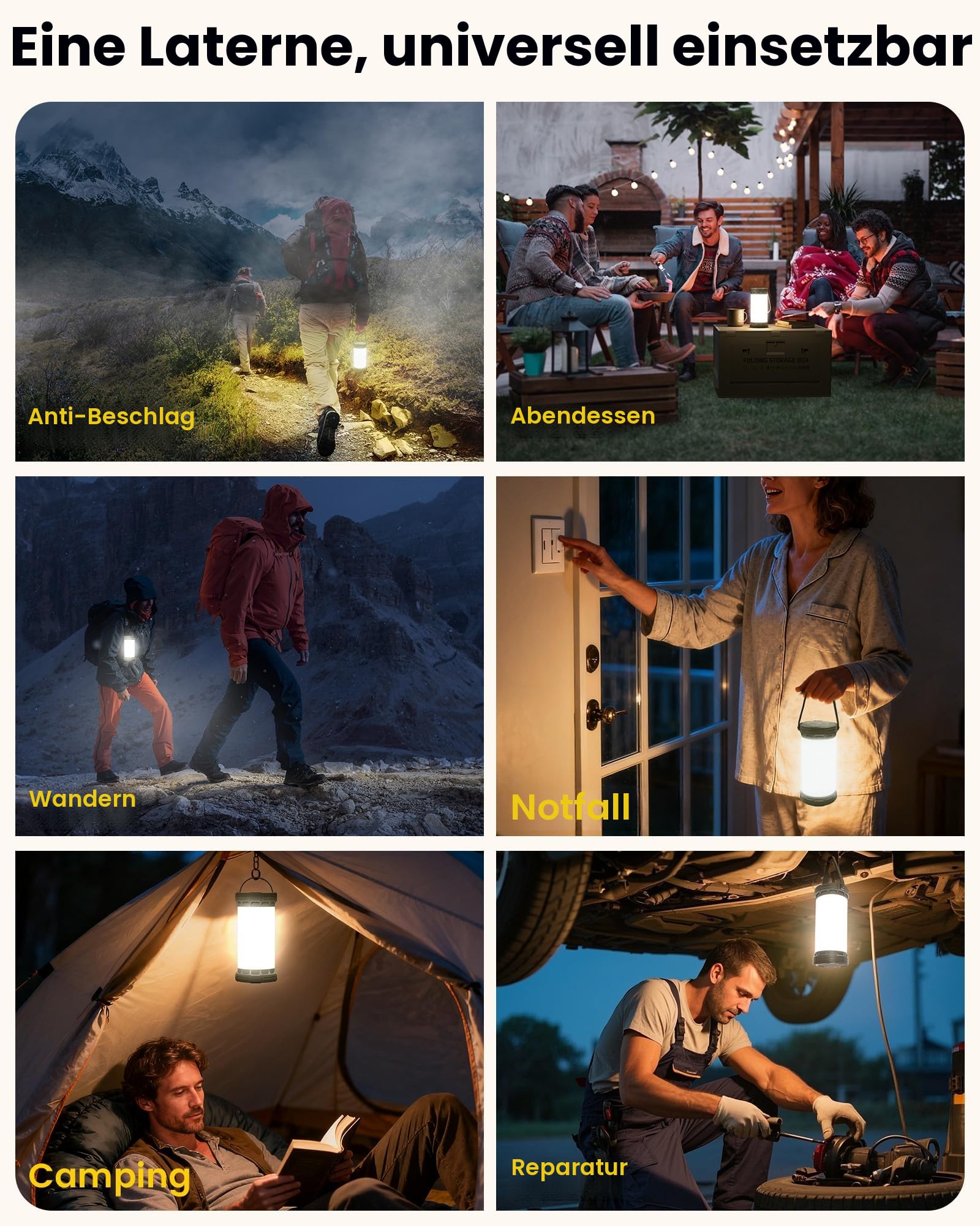 Glocusent Campinglampe & Zeltlampe:1500 lm Campinglicht 135 LED, 200 Stunden, 5000 mAh mit 3 Farben und 5 Helligkeitsstufen, SOS, wiederaufladbare Laterne für Stromausfälle, Camping, Wandern, Notfälle 7