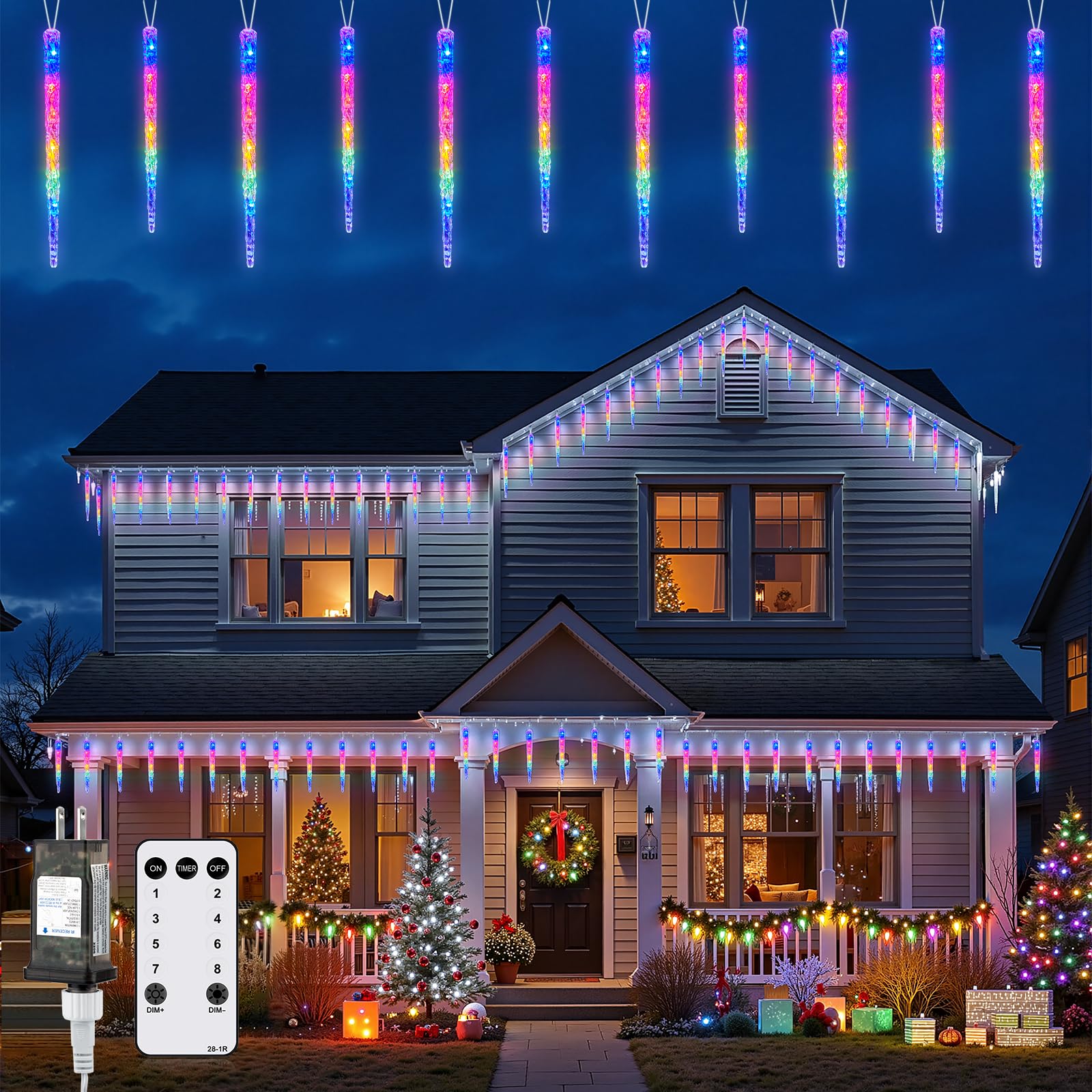 Photo 1 of Brightown Icicle Lights Outdoor, 2 Pack Total 40ft 40 Tubes 200 LED Ice Shape String Lights, Connectable Hanging Christmas Decoration Lights for Tree Patio Roof Holiday Decor, Multicolor