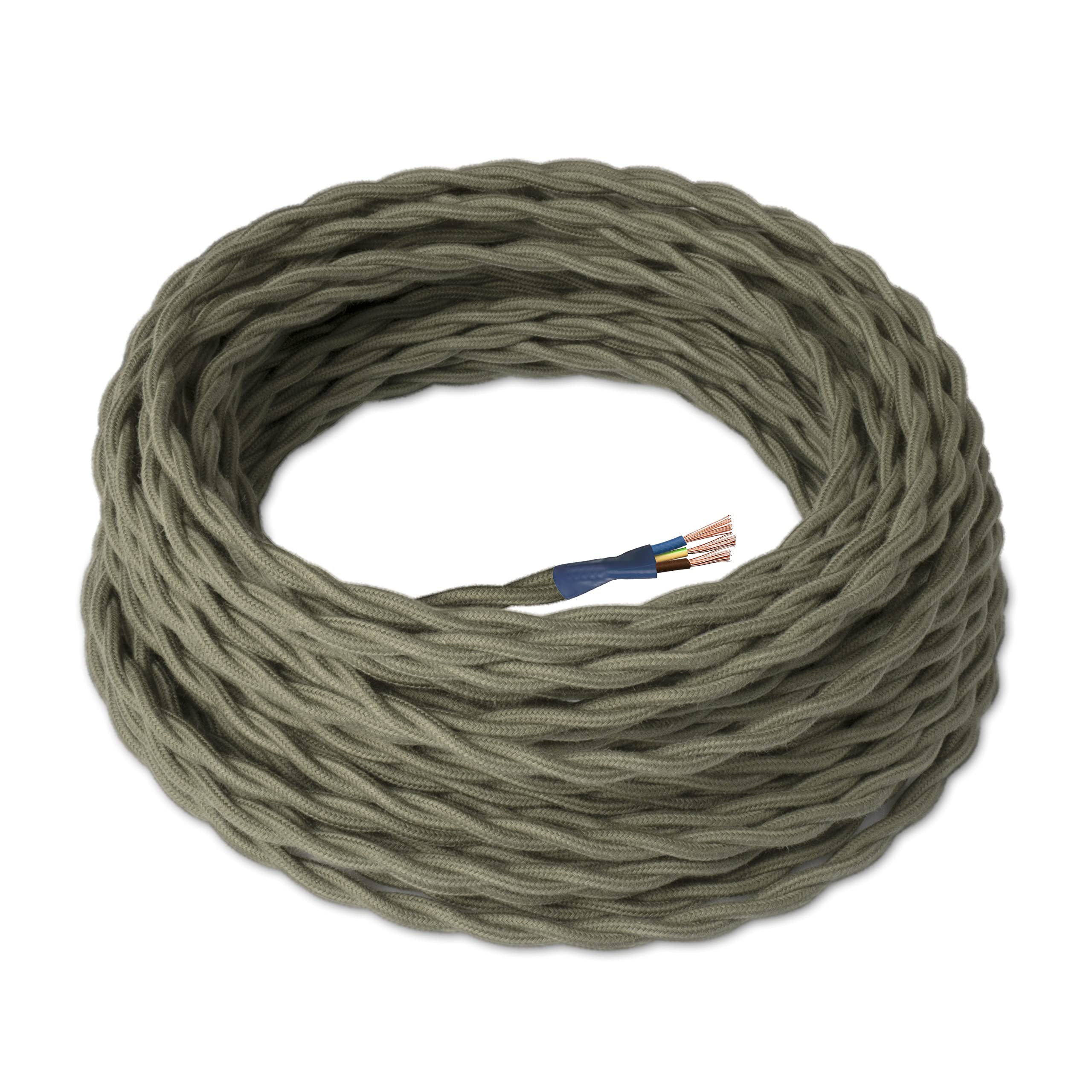 Amarcords - Textile electric cable SAGE color, braided, linen, 5 meters, grounded 3x0,75mm - Wire coated in colored vintage fabric chandelier lamp sconces and lampshades.