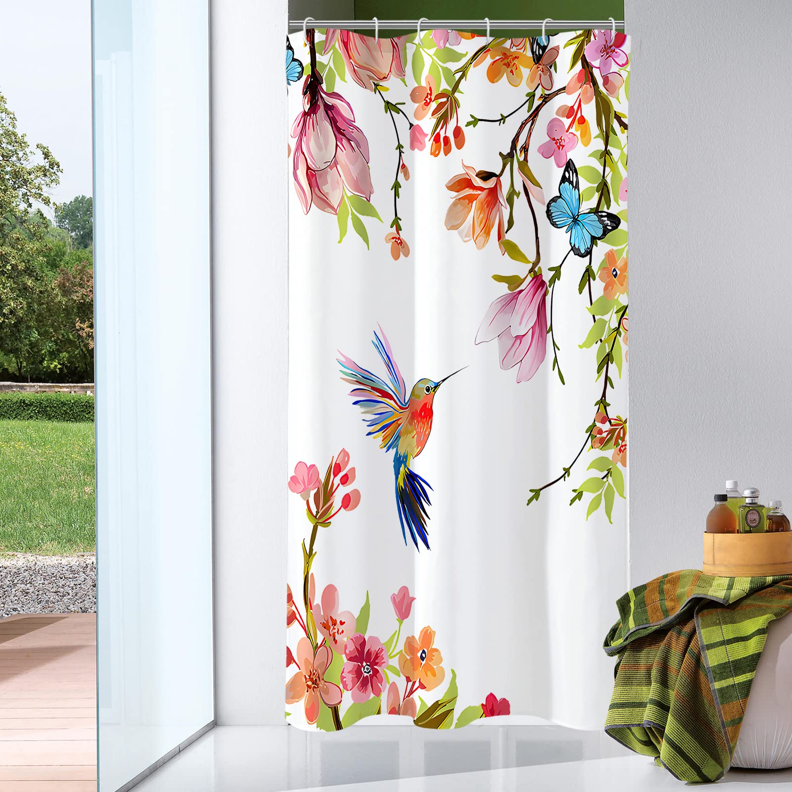 Photo 1 of (bagged) (fair) Gibelle Small Stall Shower Curtain 36 x 72, Narrow Half Hummingbird Floral Fabric Shower Curtain, Spring Watercolor Flower Bird Bathroom Curtain Shower Set with Hooks