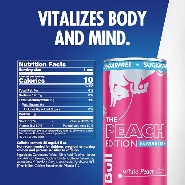 RED BULL PEACH EDITION SUGARFREE ENERGY DRINK, WHITE PEACH, 8.4 FL. OZ. CAN, WITH 80MG CAFFEINE, TAURINE & B VITAMINS