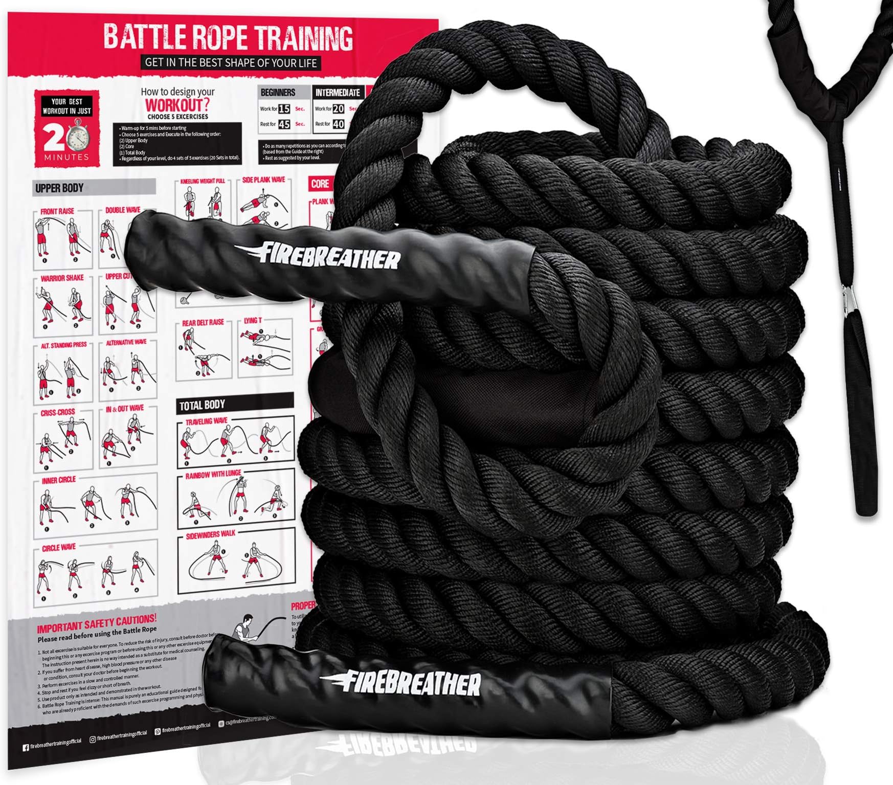 Battle Ropes with Foldable Poster and Anchor KIT. Full Body Workout Equipment for Crossfit Training, Home Gym & Fitness Exercises. PolyDac Battling for Strength