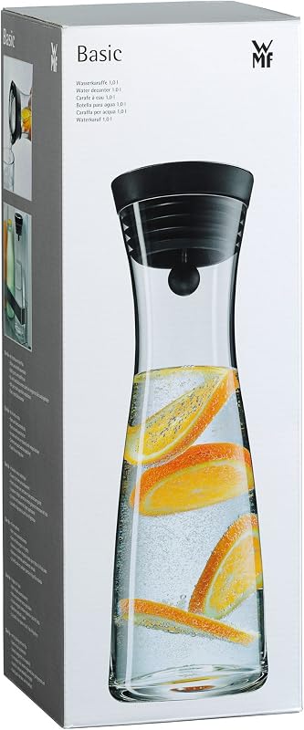 Basic - Jarra de agua de vidrio 1 litro, jarra de vidrio con tapa de silicona, cierre CloseUp, Negra