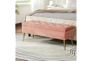 HULALA HOME Modern Velvet Storage Ottoman Bench with Gold Base & Nailhead Trim, Upholstered Bedroom Bench for End of Bed, Button-Tufted Footstool for Entryway Living Room Dining Room, Pink