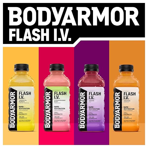 BODYARMOR FLASH I.V. ELECTROLYTE BEVERAGE, ORANGE, HYDRATION DRINK WITH COCONUT WATER FOR RAPID REHYDRATION, POST WORKOUT RECOVERY, 20 FL OZ (PACK OF 12)