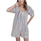 Athlisan Womens Oversized Striped Romper Casual Loose Puff Sleeve Wide Leg Jumpsuit Overall with Pockets