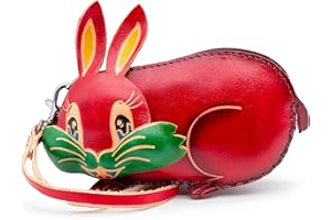 XYC INNOVATION Handmade 3D Cute Animal Cartoon Leather Cowhide Coin Purse, Wallet, and Key Case - Zippered Pouches with Wristband Clutch for Easy Hand-Holding and Gift Giving New Coin Purse (bunny red)