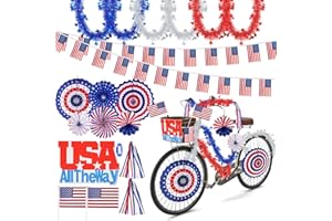 MOVINPE Patriotic Bike Decor Set 4th of July Bicycle Decorations USA All The Way Sign Hanging Paper Fans Tinsel Garland Streamer Flags Banner, Independence Day Kids Bike Parade (Blue&Red&White)