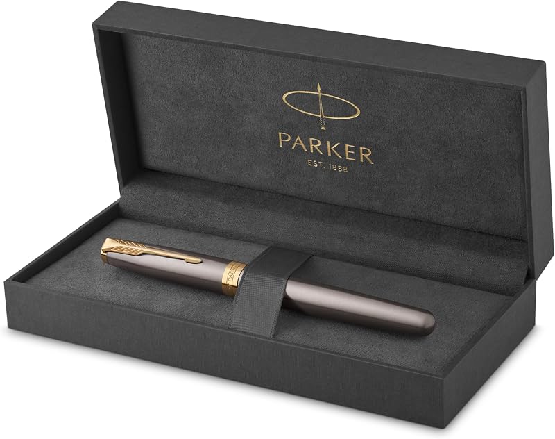 Parker Sonnet Fountain Pen Grey Lacquer Gold Trims Medium Nib Gift Box