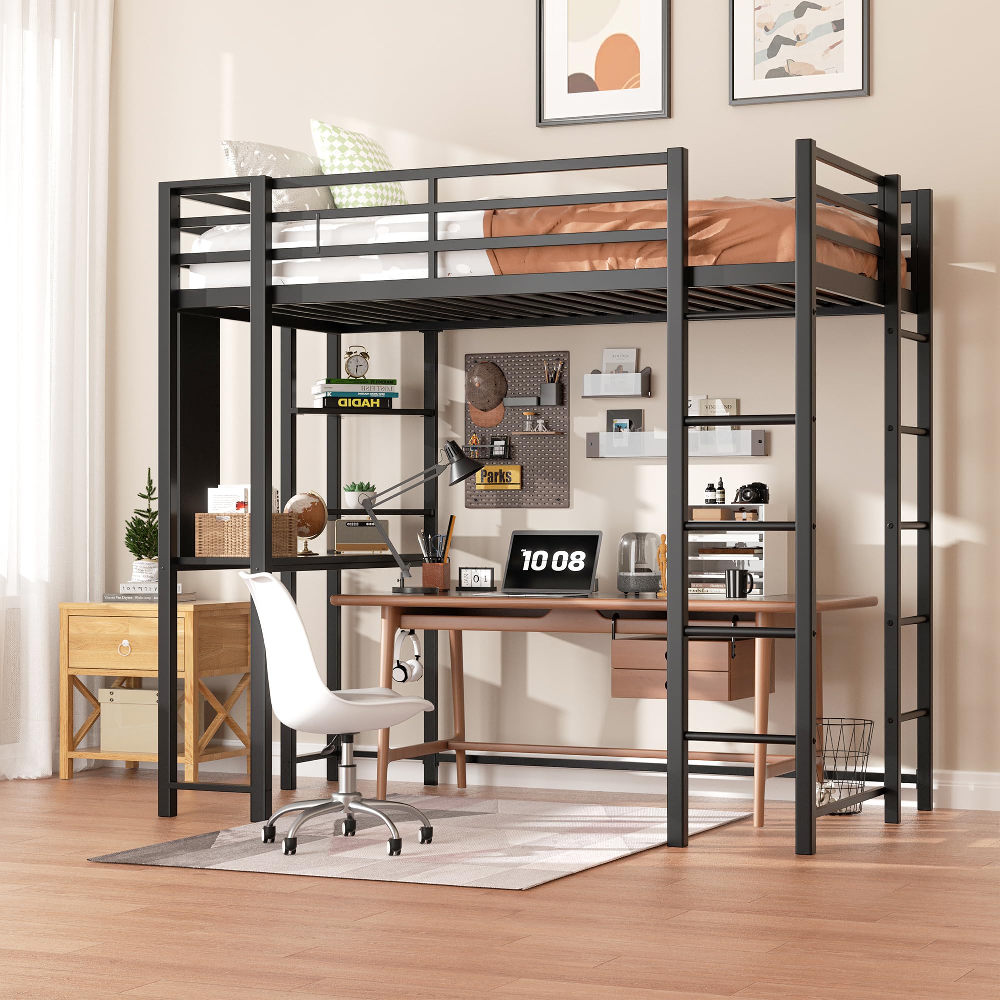 Photo 1 of ** MISSING** Shintenchi Loft Bed Twin Size with Desk and Storage Shelves, Frame with 2 Side Ladders for Kids, Teens Adults, Spcace-Saving Noise-Free and Anti-tilt Design, Black