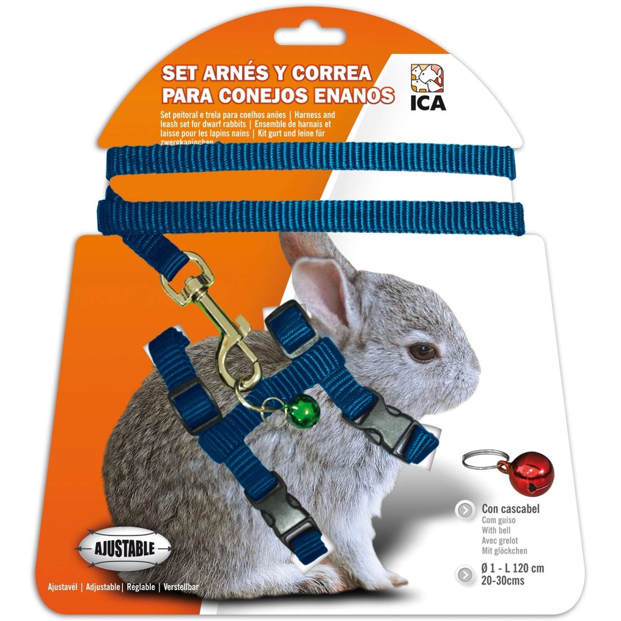 ICA DA1022 Harness and Leash Set for Dwarf Rabbits, Blue, with Bell, 20-30 cm Adjustable