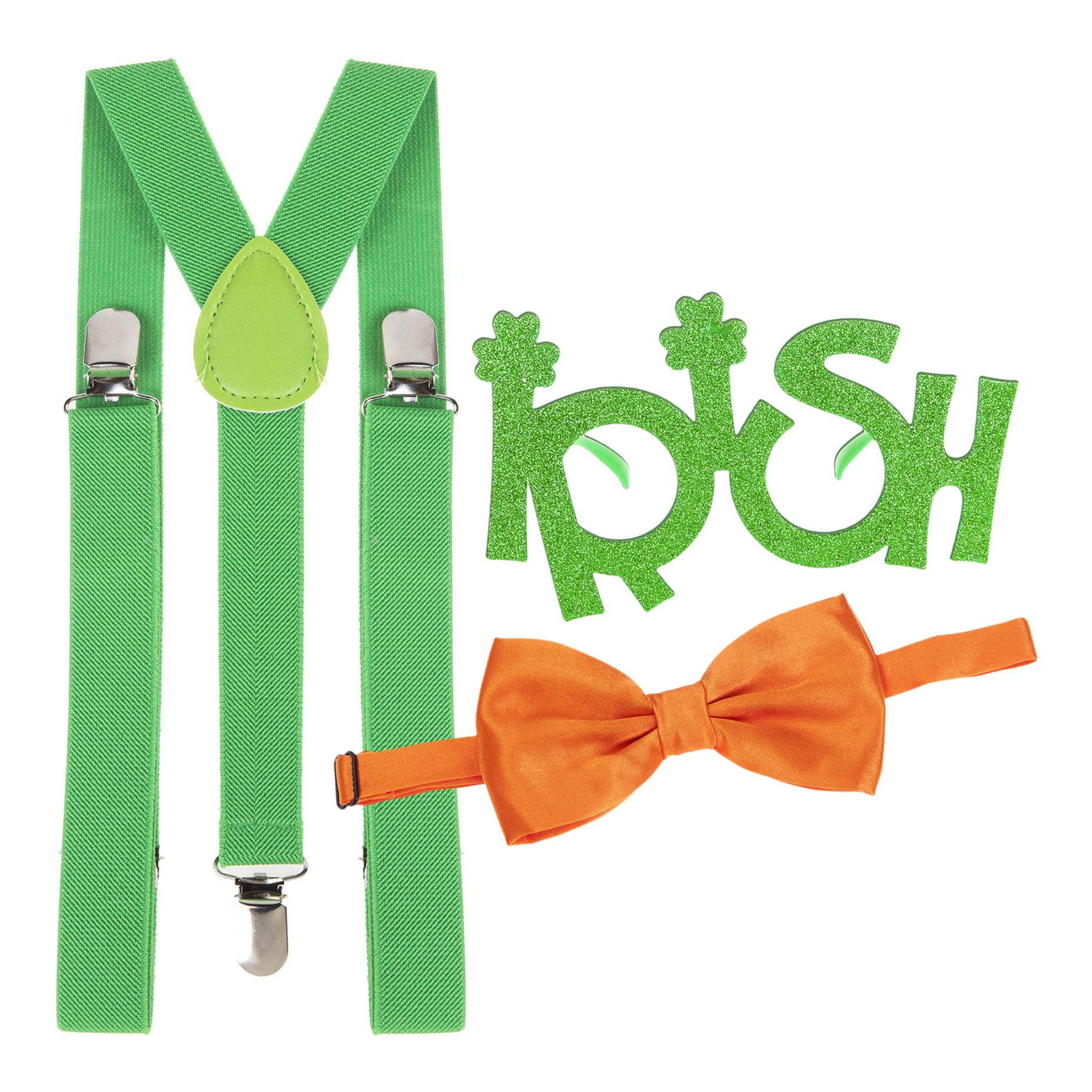 Robelli St Patrick's Day Green Braces, Irish Glitter Glasses & Orange Bow Tie Fancy Dress