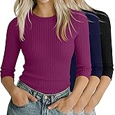 Ficerd 3 Pack 3/4 Sleeve Tops for Women, Cotton Knit Ribbed T Shirts Basic Slim Fit Casual Stretch Tees Crew Neck Shirts