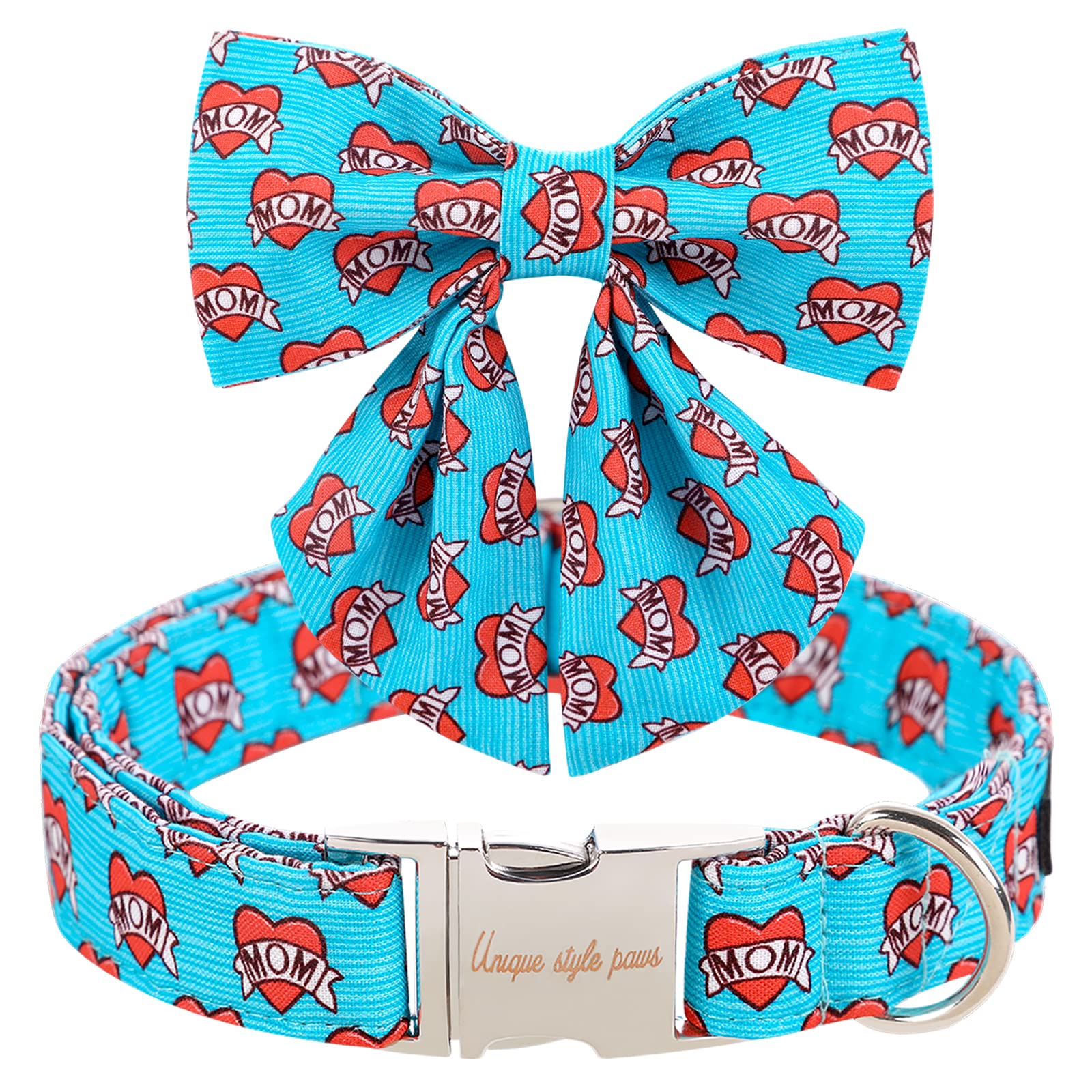 Unique style paws Dog Collar with Tie Blue Heart Puppy Collar Comfy Soft Bowtie Dog Collar Best Gift for Small Medium Large Dogs-XL
