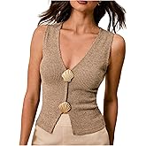 SOLY HUX Women's Tank Top Metal V Neck Sleeveless Ribbed Knit Slim Fitted Summer Tops
