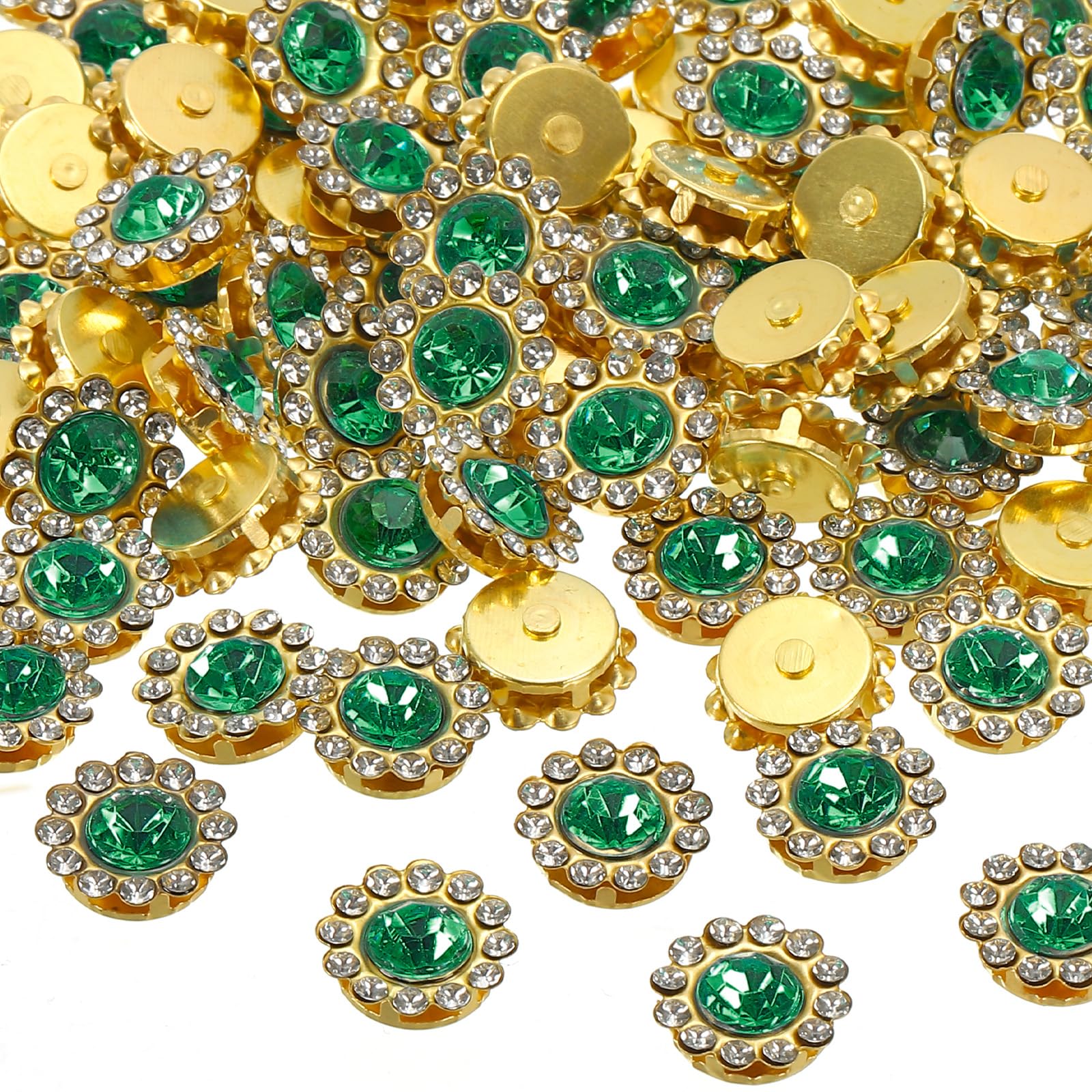PATIKIL 12 mm Flower Claw Sew on Pearls Rhinestones,100Pcs Crystals Glass Metal Base Flower Claw Gems Crystals for DIY Crafts Shoes Dress Clothes Earring Belt Sewing Accessories,Dark Green