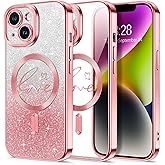 Hython for iPhone 14 Plus Case Glitter, Compatible with MagSafe Love Heart Magnetic Clear Phone Cases for Women Girls, Full Camera Protection Sparkle Plating Shockproof Protective Cover, Pink
