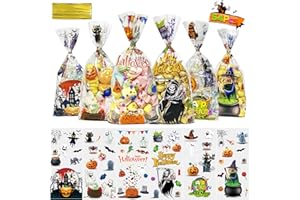 QOIUSO Halloween Cellophane Treat Bags: 54Pcs Clear Halloween Trick or Treat Goodie Bags with 60Pcs Twist for Candy Cookies Gifts Packaing, Kids Party Favor Bags (10.8 * 5.1in)