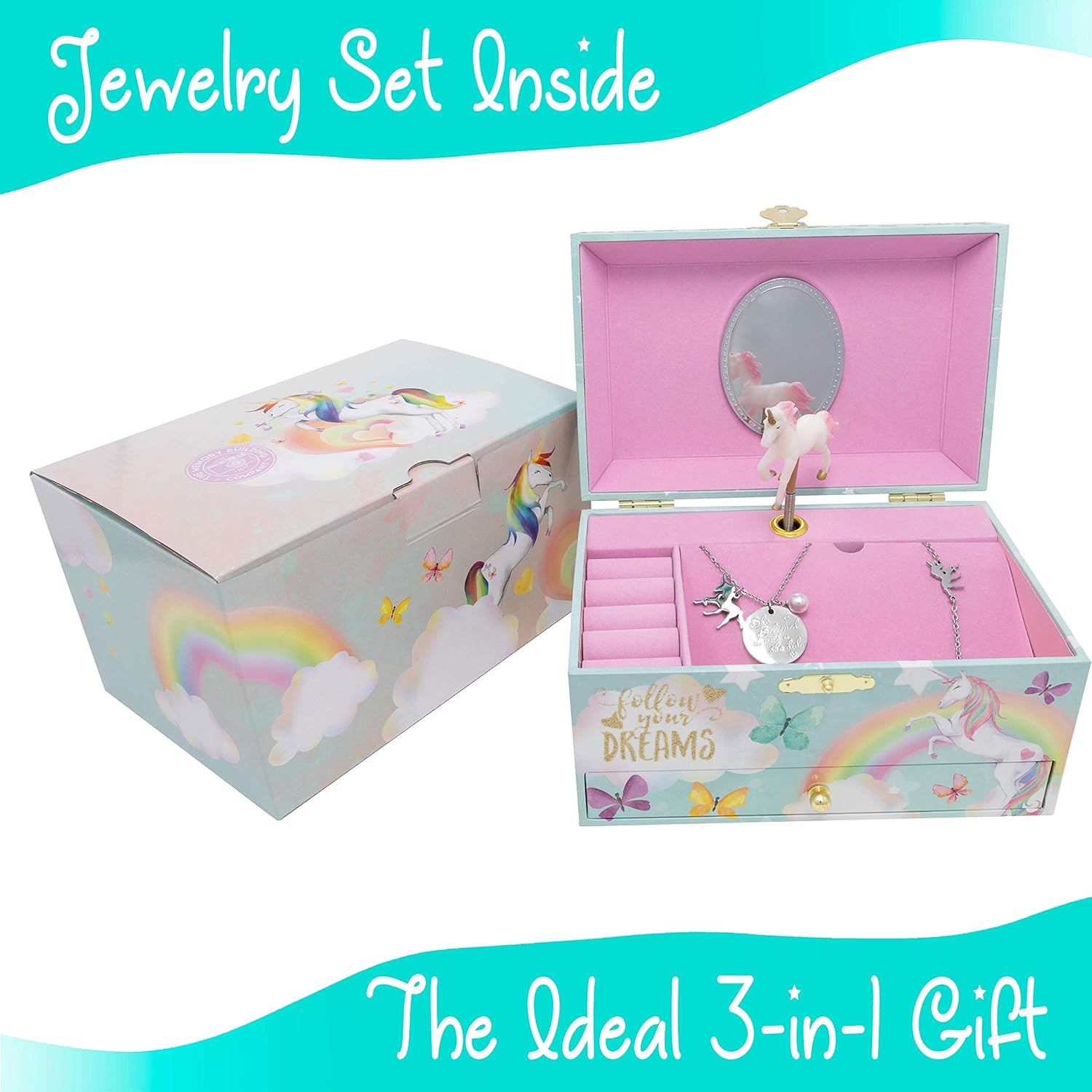 The Memory Building Company Unicorn Music Box & Little Girls Jewelry Set - 3 Unicorn Gifts for Girls: Home & Kitchen