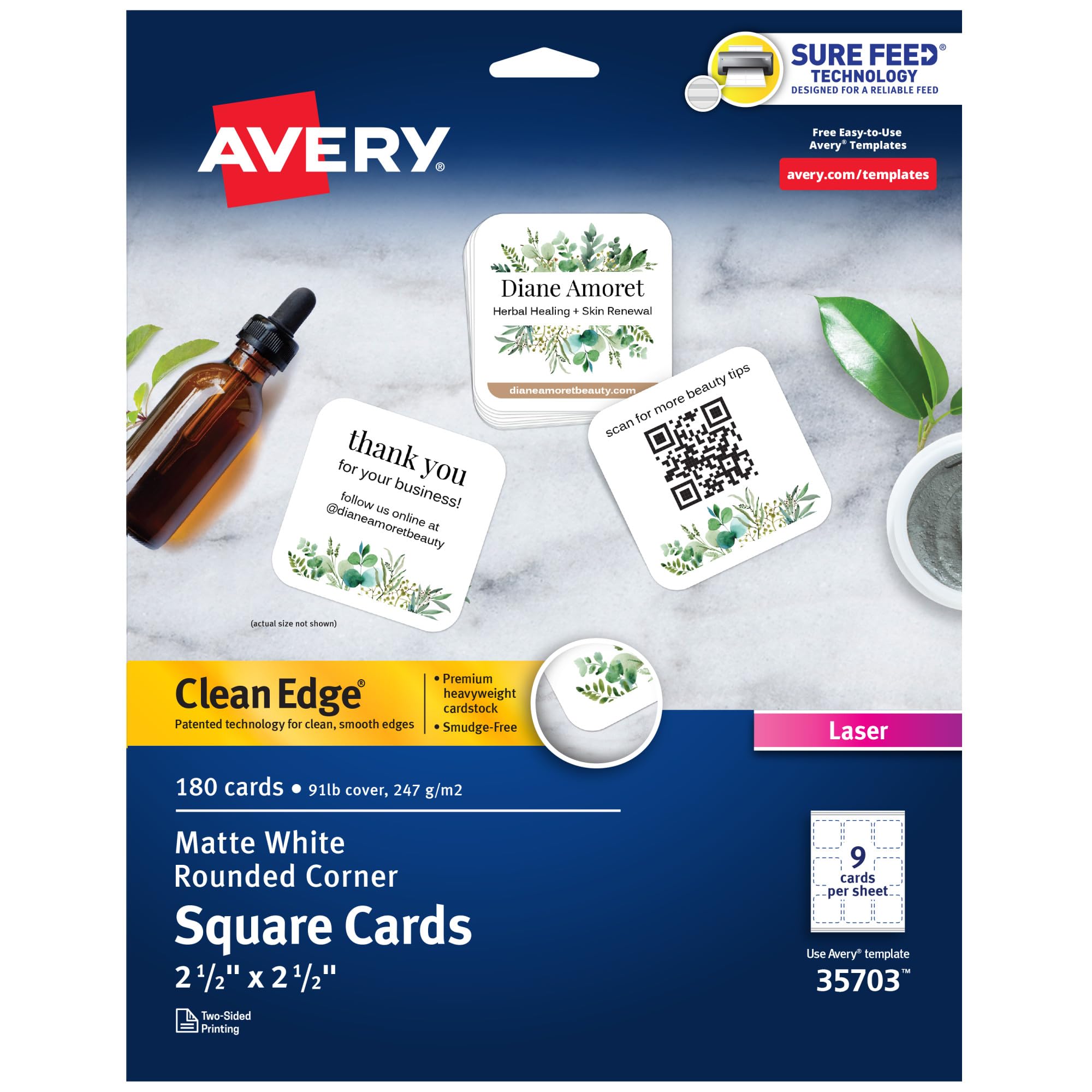 Avery Square Cards with Rounded Edges, 2.5 x 2.5 inches, Clean Edge, Laser Only, 180 Cards (35703)