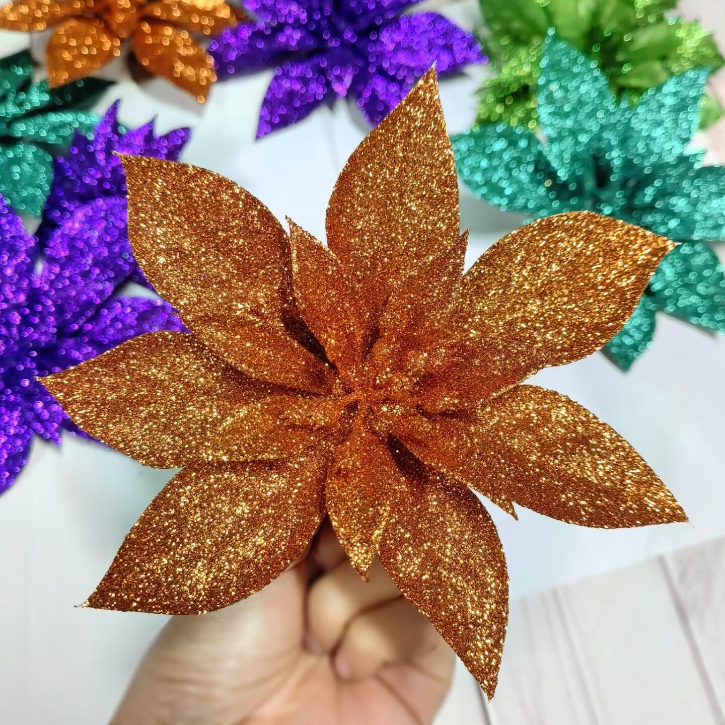 YYCRAFT Glitter Poinsettia Flowers 6 Inch for Christmas Tree Ornaments Christmas Decorations(12pcs,Orange)