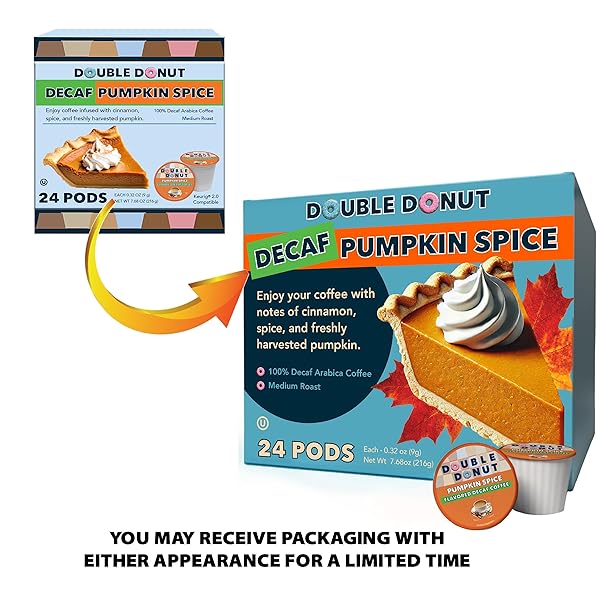 DOUBLE DONUT COFFEE MEDIUM ROAST DECAF COFFEE PODS, PUMPKIN SPICE FLAVORED, FOR KEURIG K-CUP MACHINES, 24 SINGLE-SERVE CAPSULES PER BOX