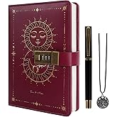 TIEFOSSI Diary with Lock, Sun & Moon Journal with Lock for Women Men, A5 Refillable Notebook for Writing, 224 Numbered Pages