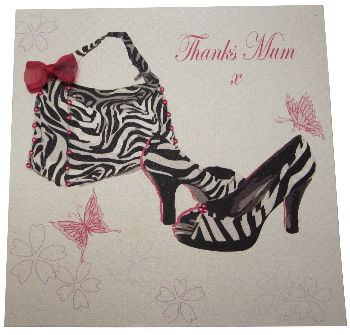 white cotton cards AMD10 Thanks Mum Handmade Greetings Card Zebra Print Bag and Shoes