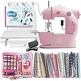 CraftBud Mini Sewing Machine for Beginners, Dual Speed Small Portable Sewing Machine for Kids and Adults with Extension Table, 122 Piece Gift Set Includes, Fabrics, Projects Book, Light and More, Pink