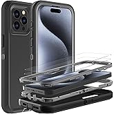 YKHJKLEC for iPhone 15 Pro Case, Military Grade 3 in 1 Heavy Duty Shockproof/Drop Proof/Dust Proof Case with 2Pcs Tempered Glass Screen Protector (Black/Grey)